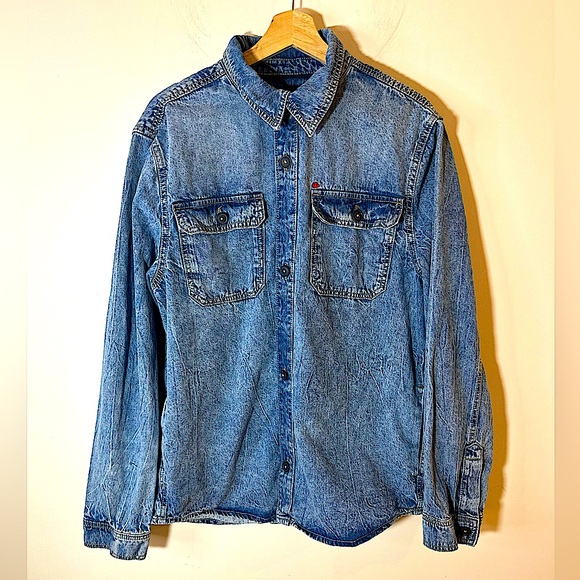 BUFFALO DAVD BITTON Blue Distressed Denim Button Down Shirt Jacket Men’s Large - Picture 1 of 9